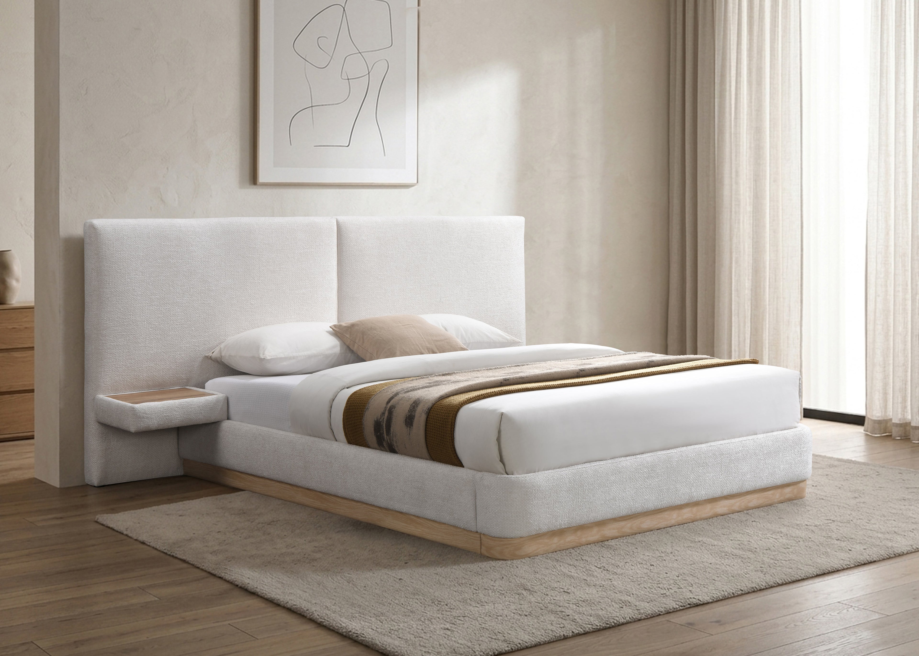 Avenal ivory fabric bed with floating nightstands