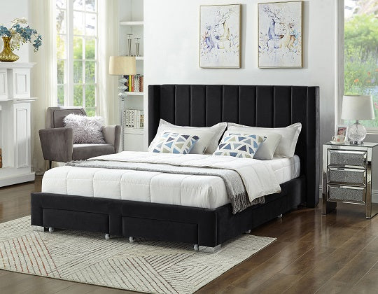 Heathdale black velvet wing bed with four storage drawers
