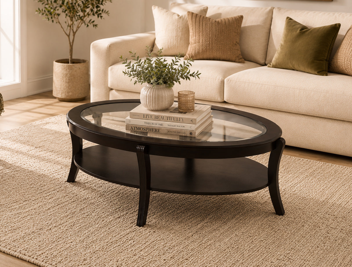 Rouge oval espresso coffee table with glass insert