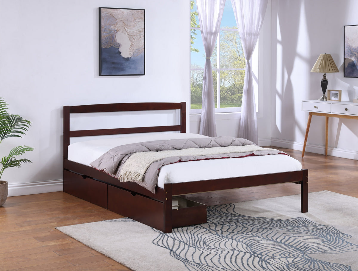 Espresso solid wood double bed frame with built-in mattress support