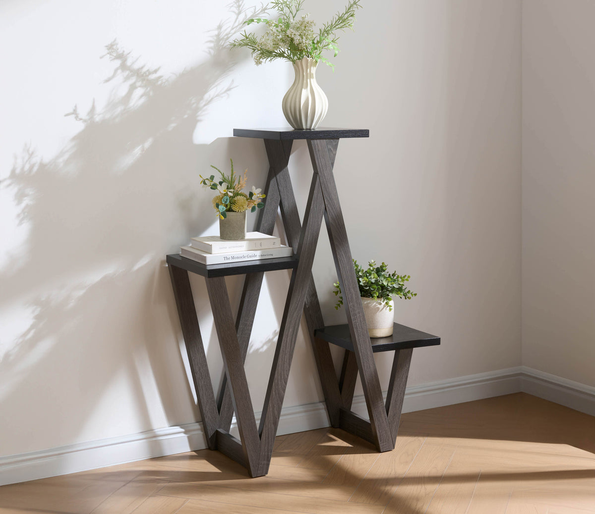 Junction multi-tier accent stand in grey oak with display shelves