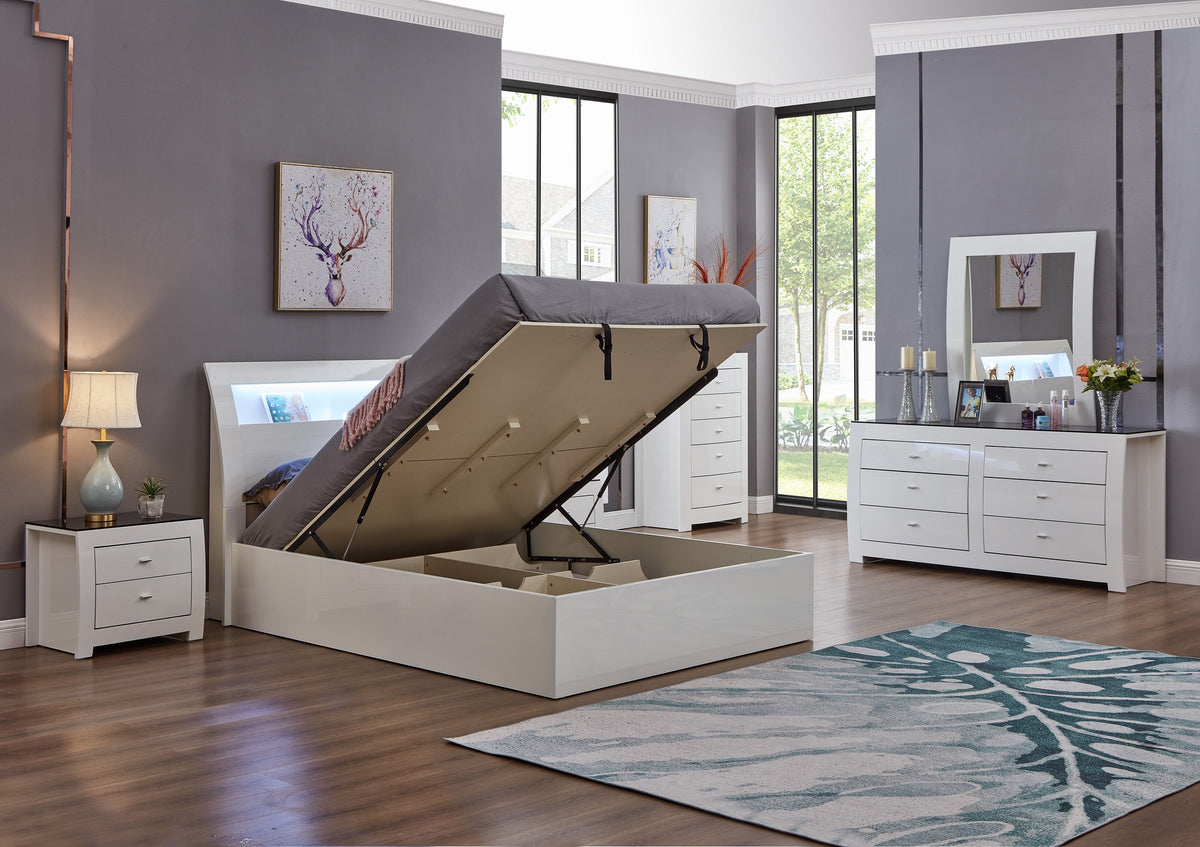 Barcelona white high gloss bedroom set with black glass top nightstands and dresser