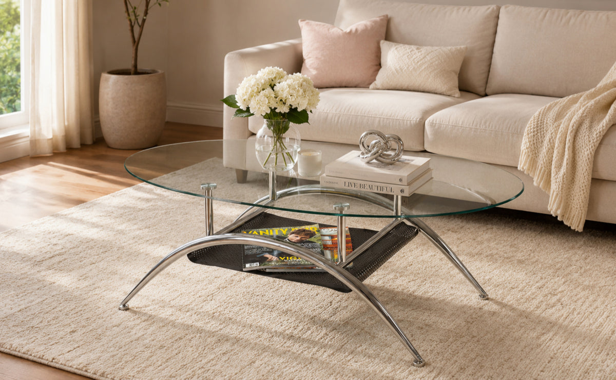Harbourfront oval glass coffee table with chrome base
