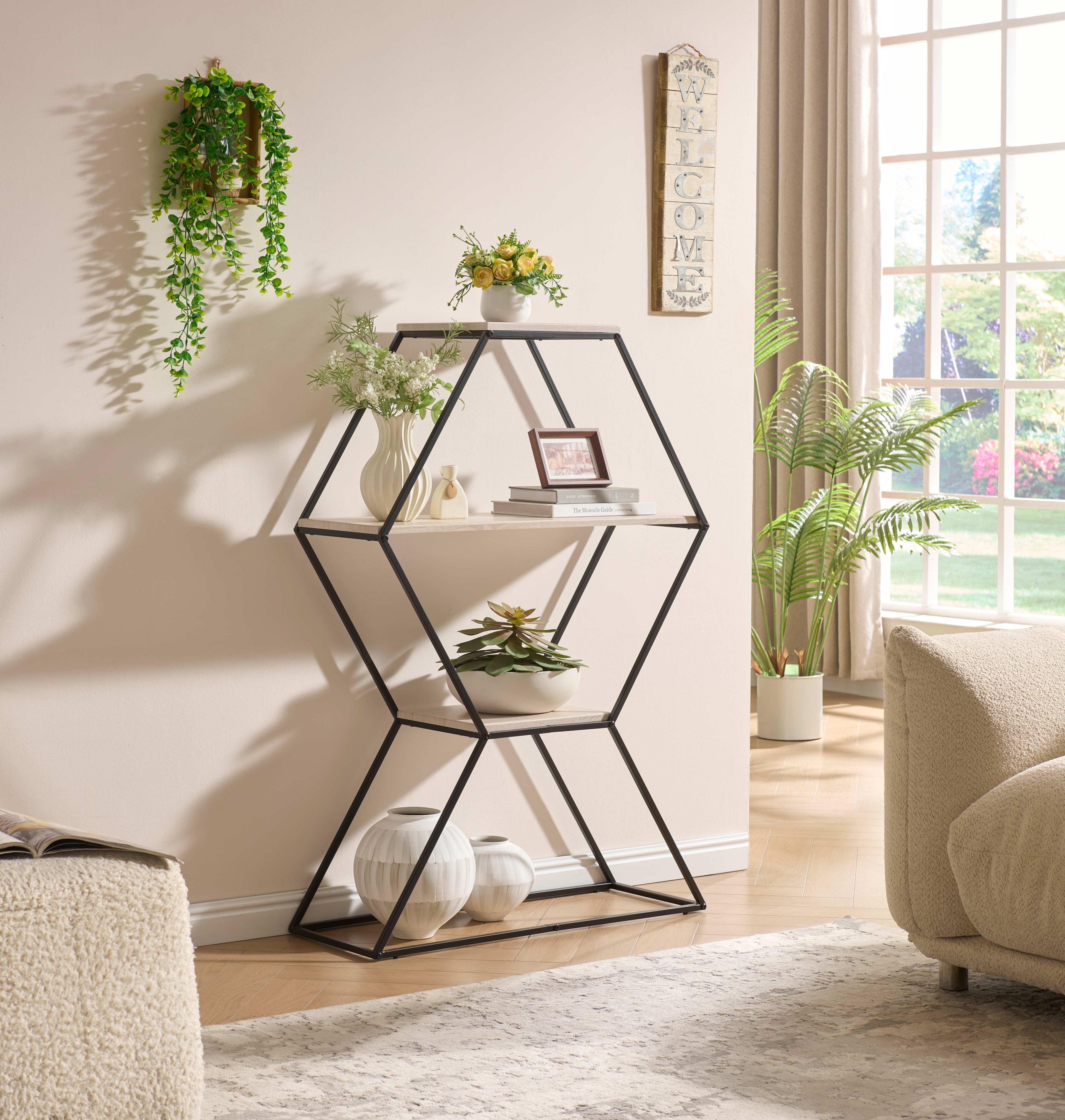 Keele geometric display shelf with staggered compartments