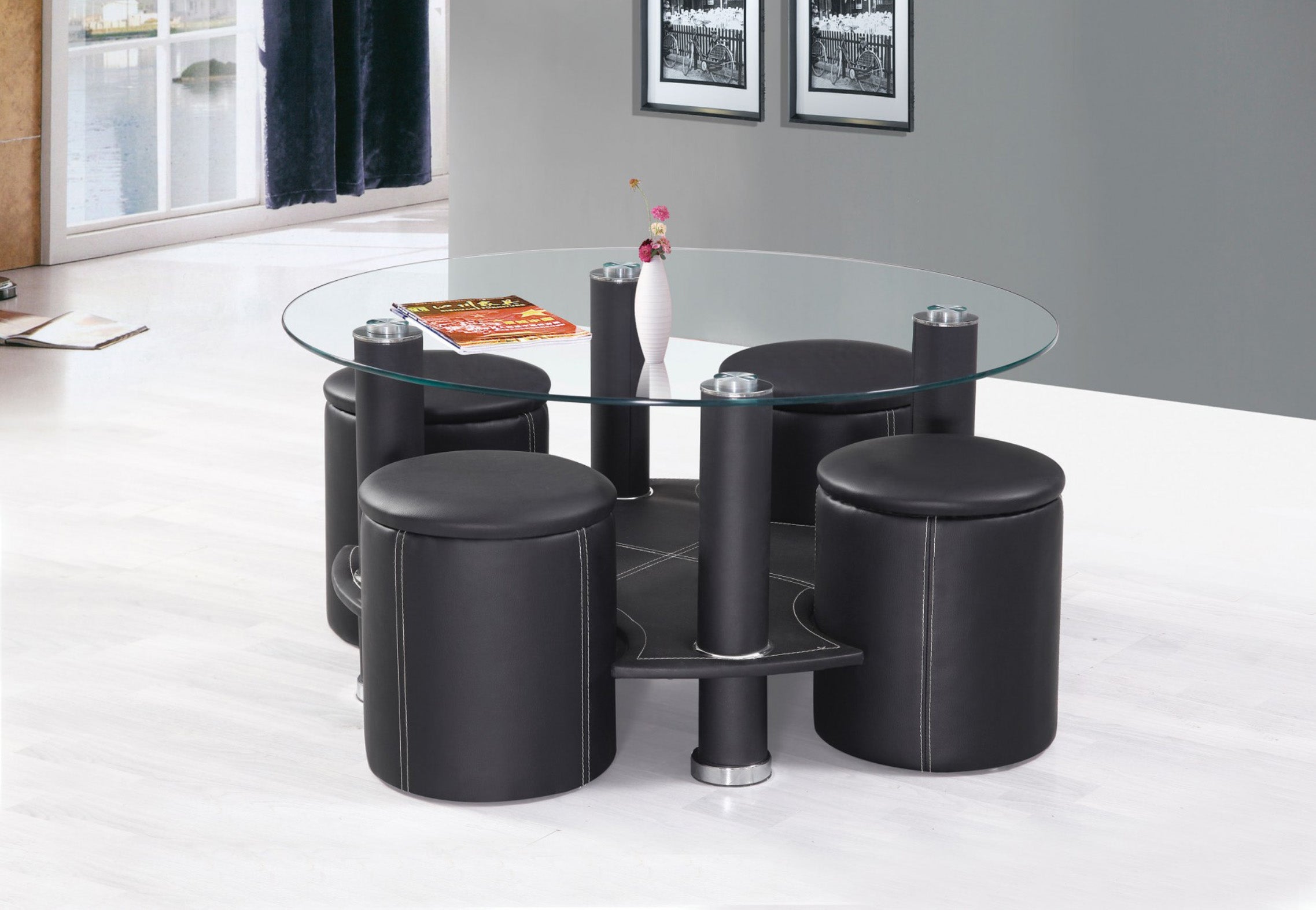 Sumach black coffee table with four hidden stools