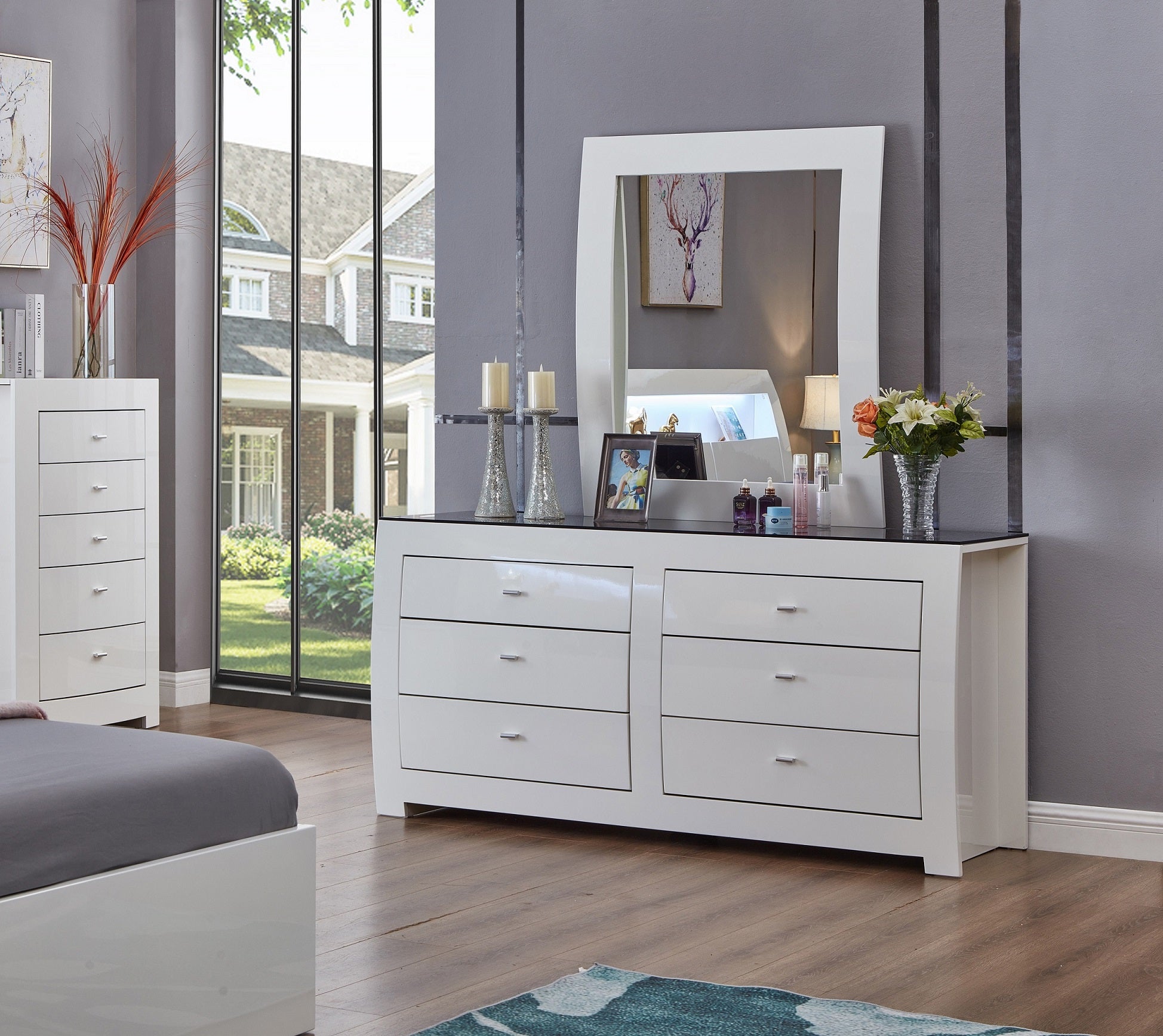 Barcelona king bed LED headboard lighting close up white high gloss