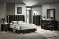 Madison black velvet platform bed with gold accent wings and tufted headboard