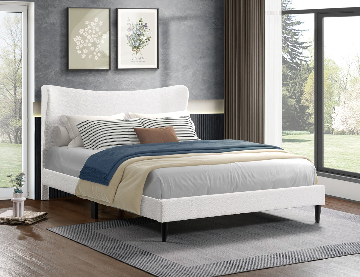 Crescent cream boucle bed with curved wing headboard
