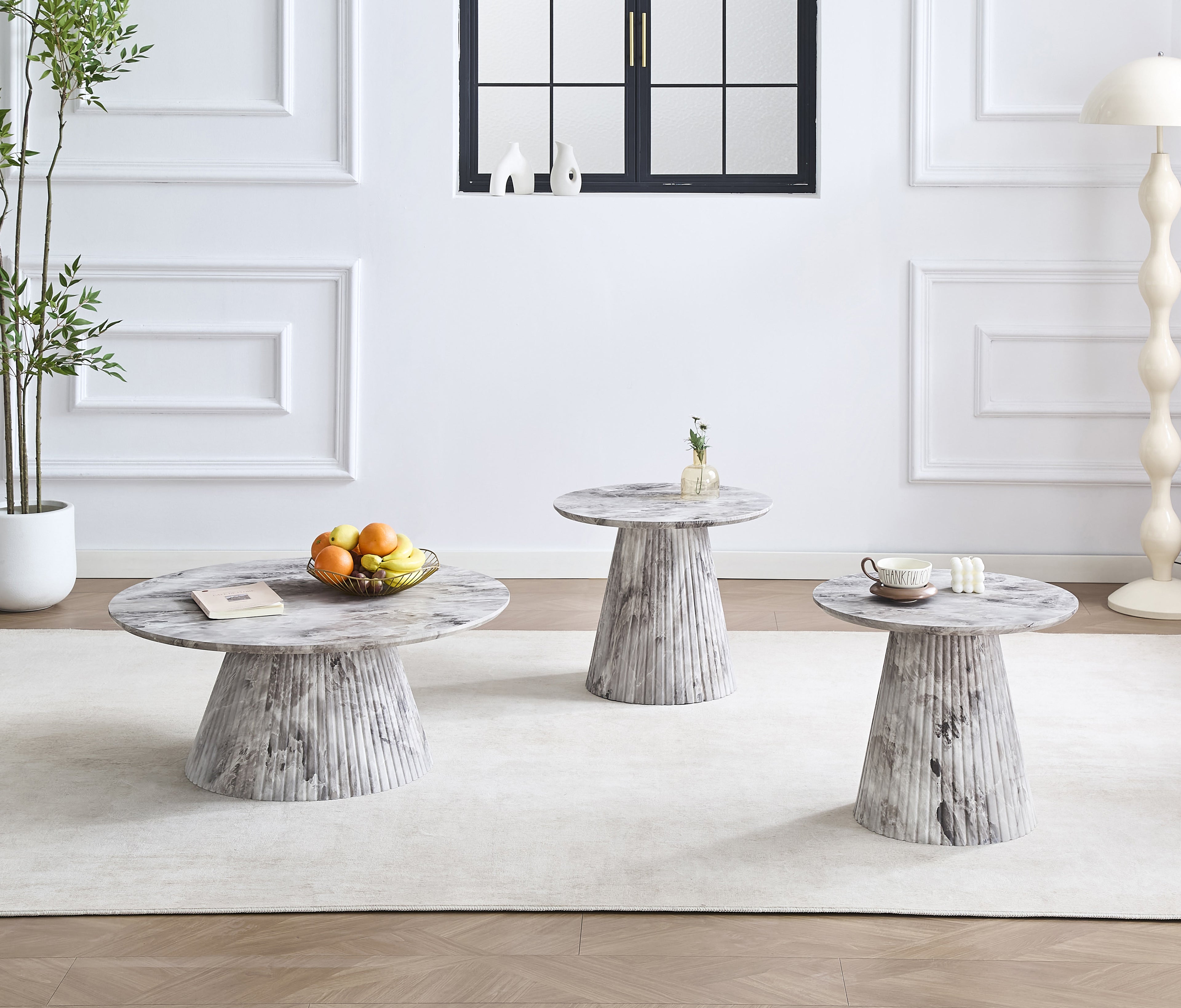 Glenview grey marble-look fluted pedestal coffee table set