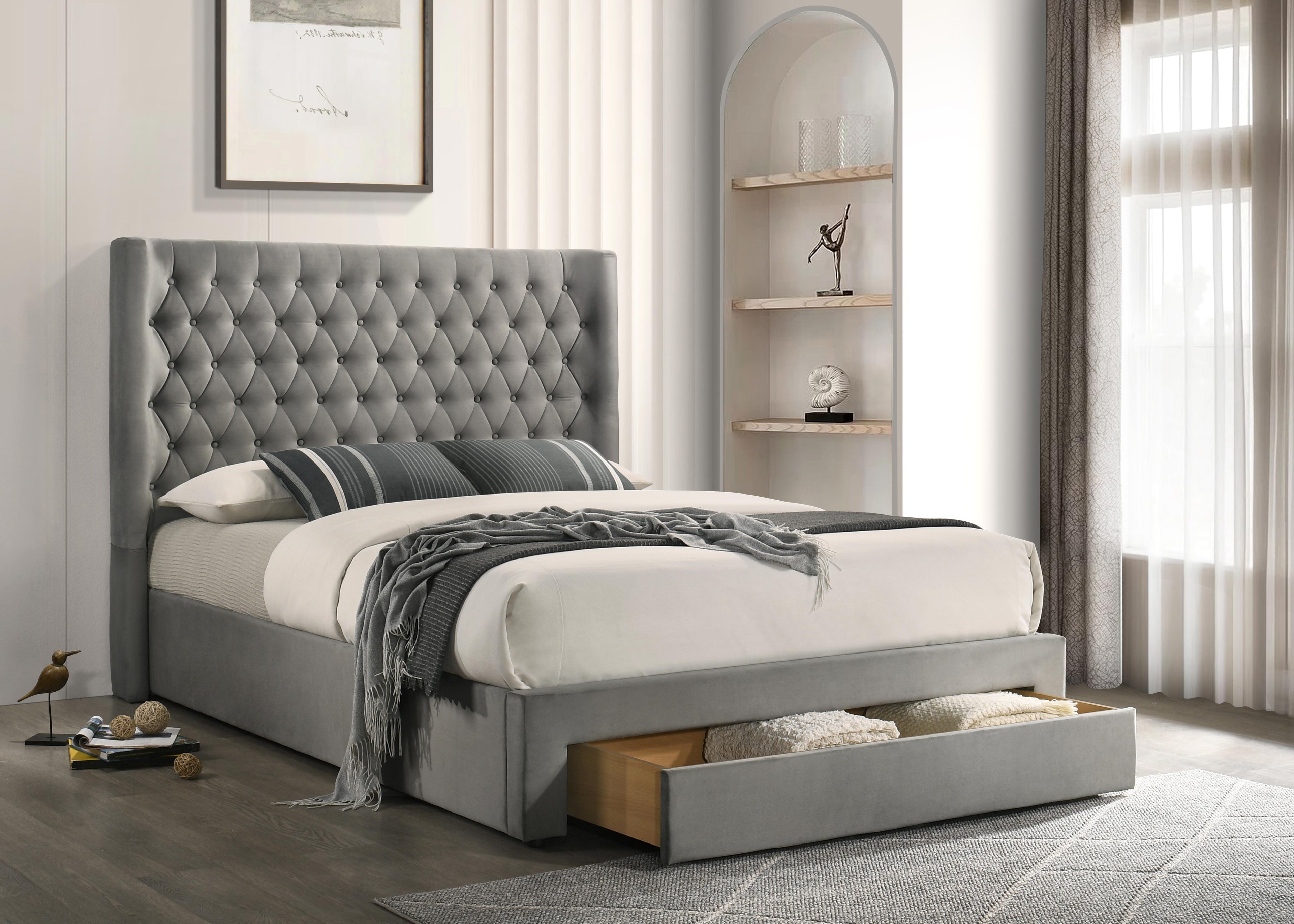Empress grey velvet diamond-tufted storage bed