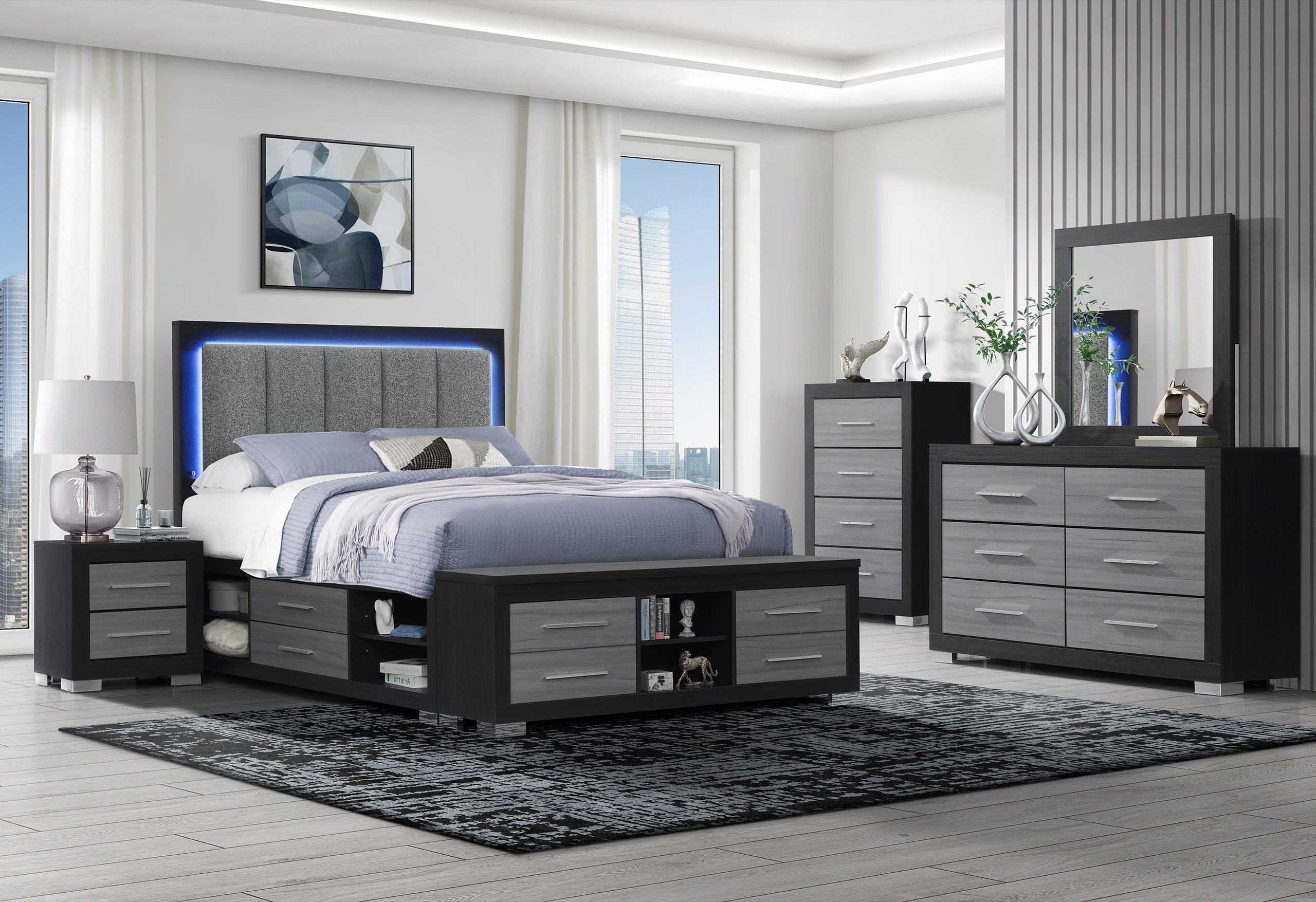 Emma Black-Grey matte black storage bed with LED headboard