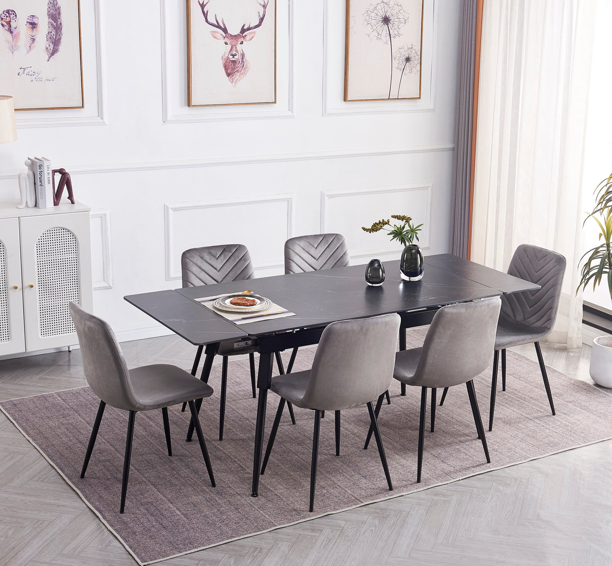 Gravenhurst 7-piece extension dining set with black marble top