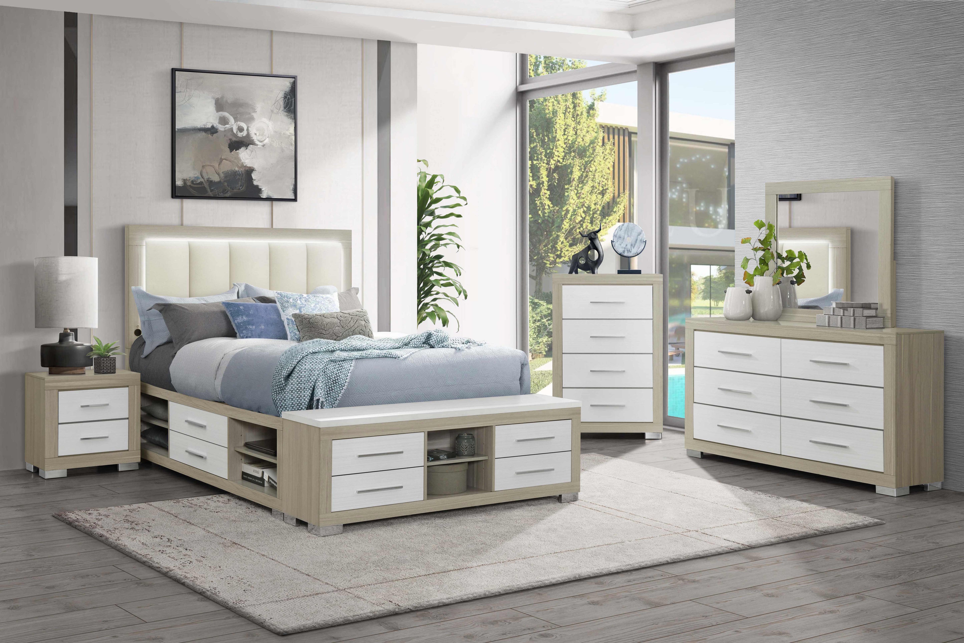 Emma Natural-White two-tone storage bed with LED headboard