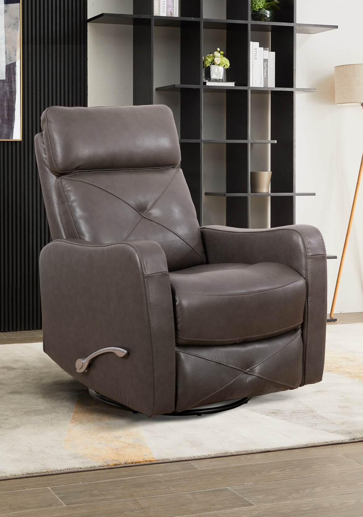 Shaw leather recliner in charcoal caramel and blackberry