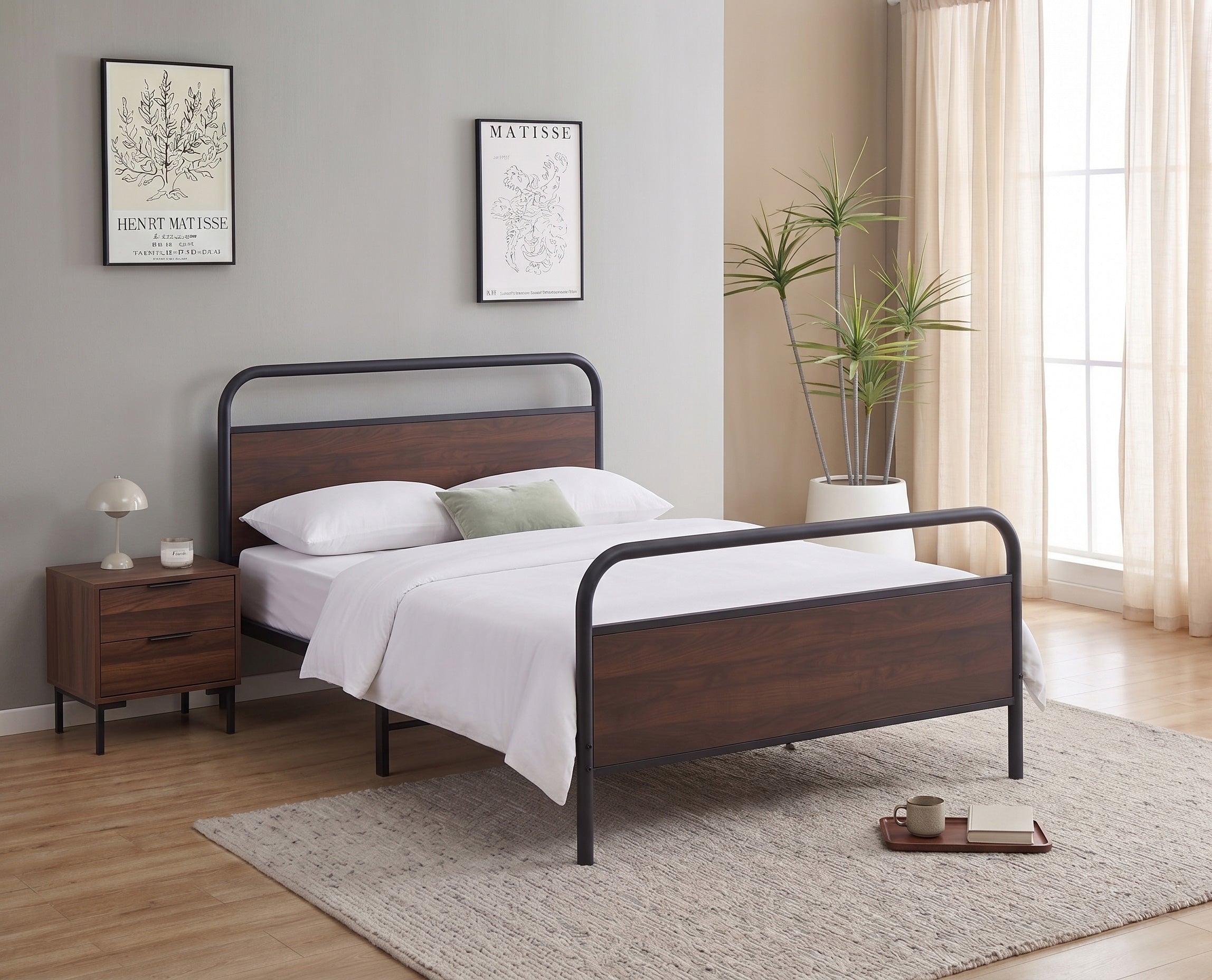 Dunfield black steel bed with wood panel accents