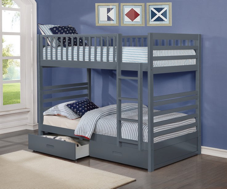 Grey single over single bunk bed with storage drawers