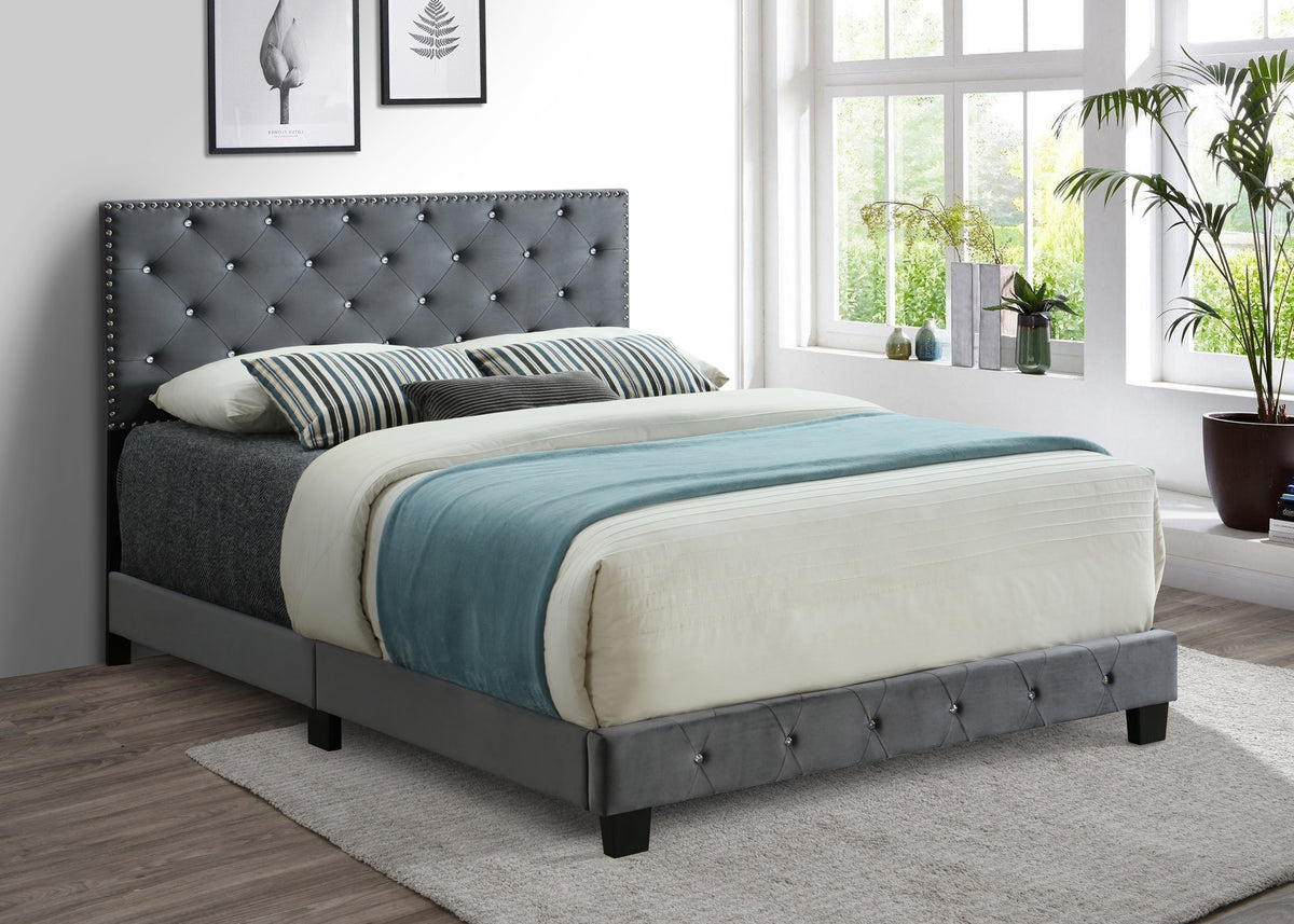 Briarhill grey velvet adjustable bed with nailhead trim