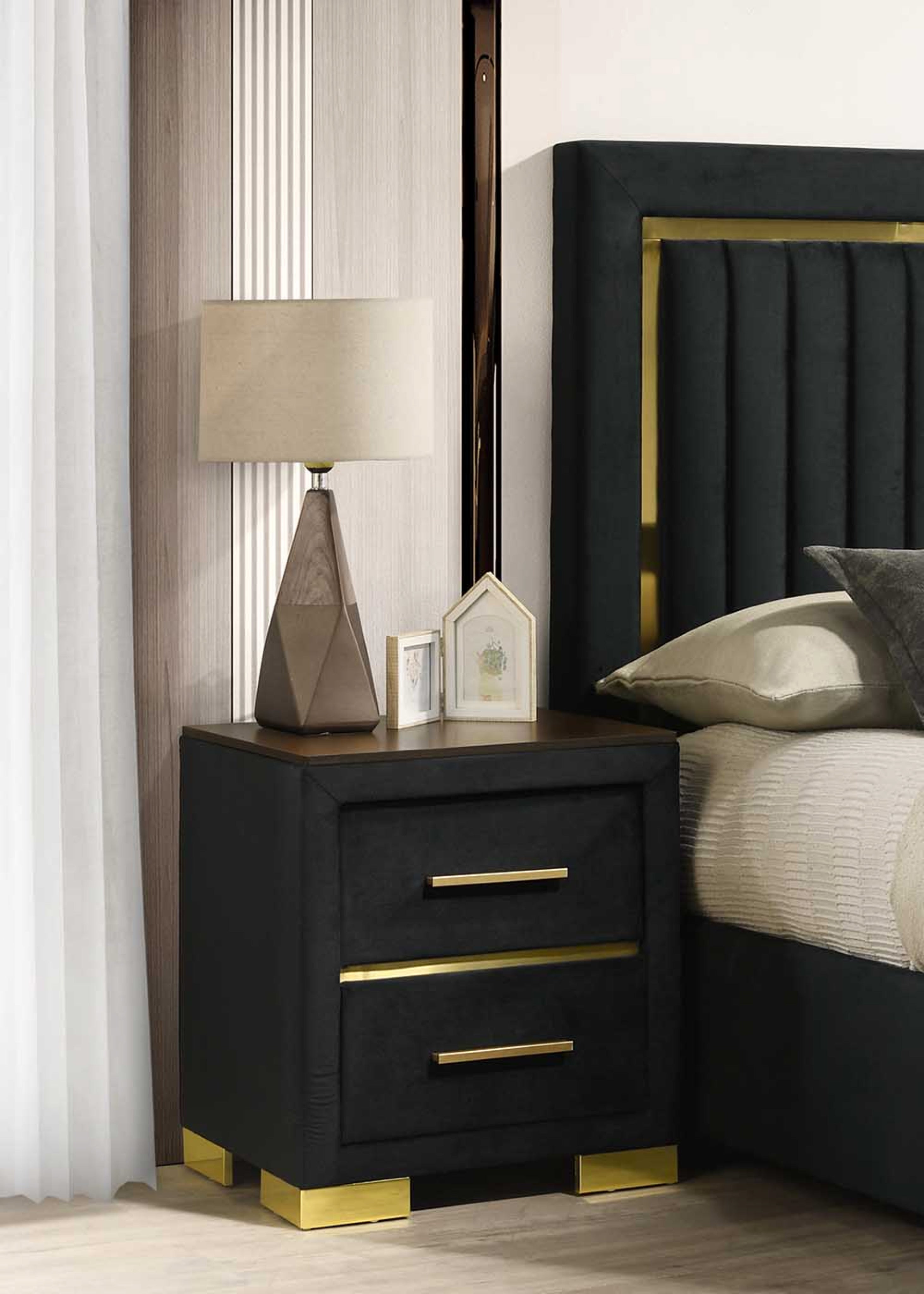 Nightstand matching the Aurora black velvet bedroom collection