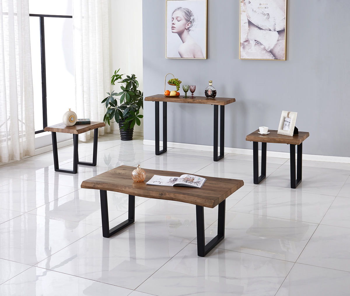 Faux live edge wood coffee table set with black metal legs