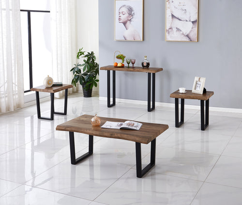 Faux live edge wood coffee table set with black metal legs
