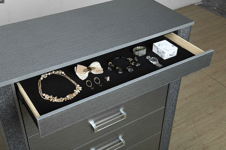 Logan-Silver Bedroom Collection – Glam Silver Finish with Crushed Crystal Accents & Disco Lights