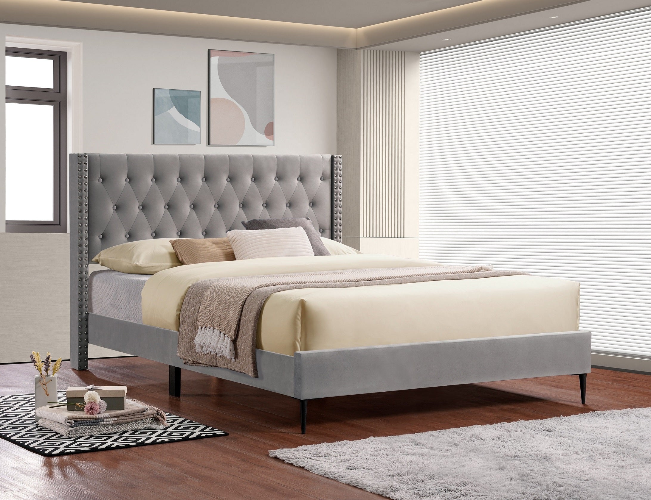 Viewmount grey velvet diamond wing bed in a box