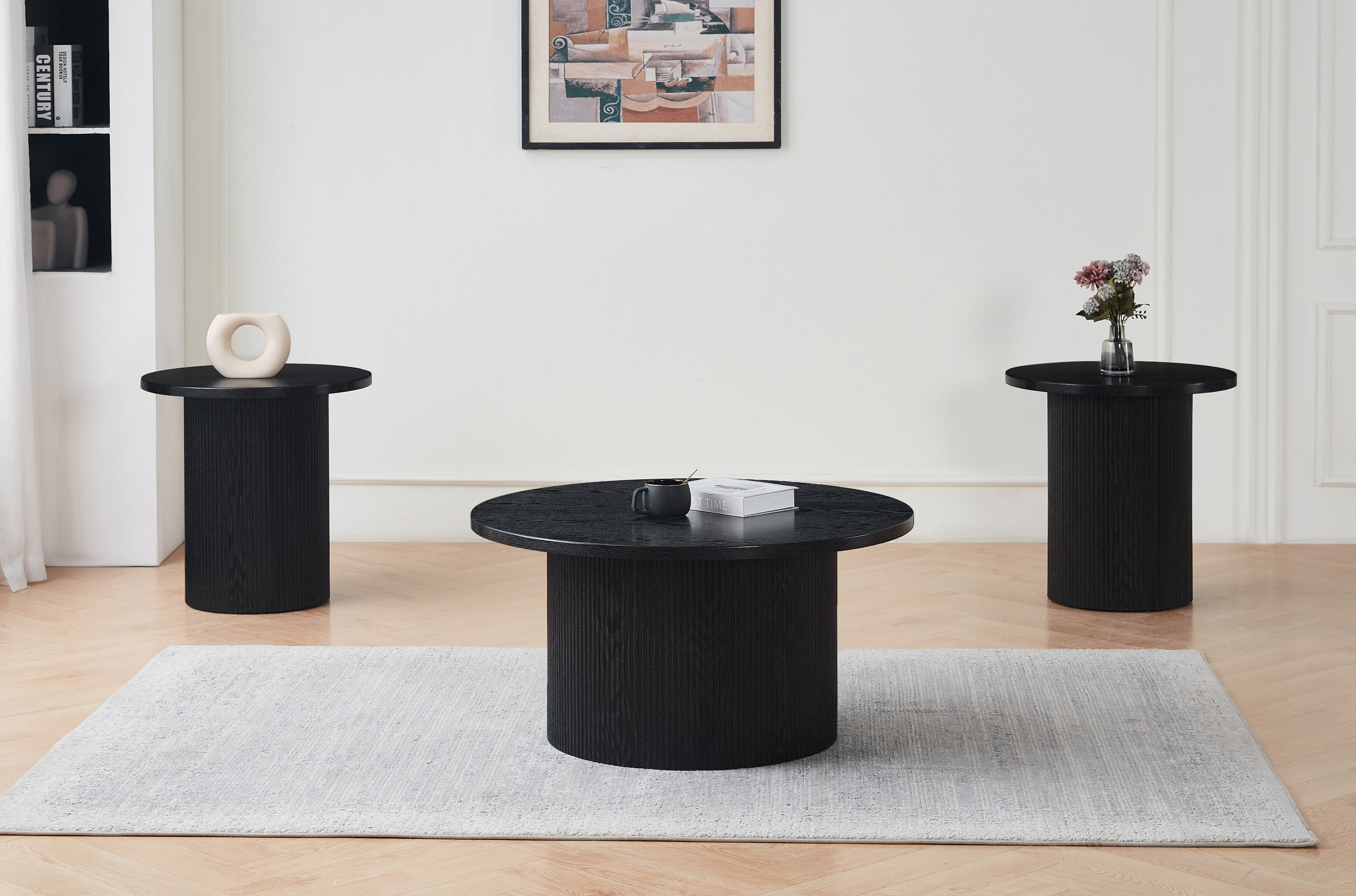 Flemington fluted pedestal coffee table set in black and natural