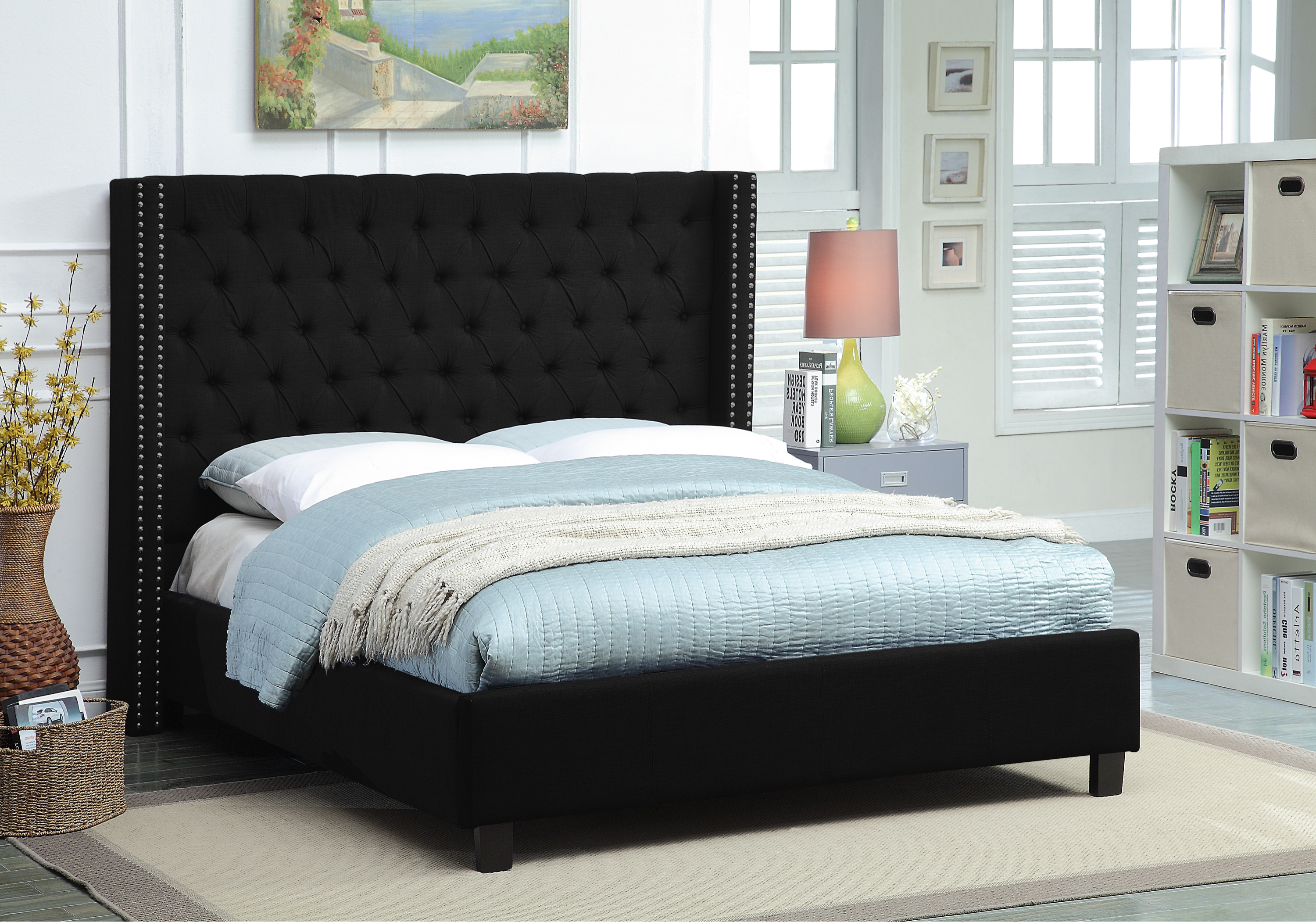 Radford black fabric wing bed with nailhead details