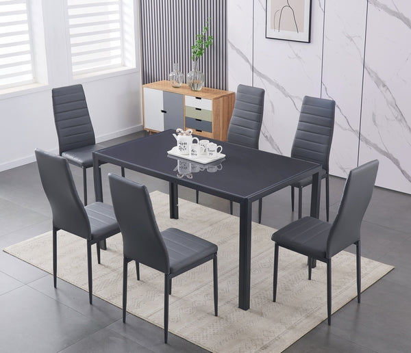 Kennedy 7-piece dining set with grey glass top and six chairs