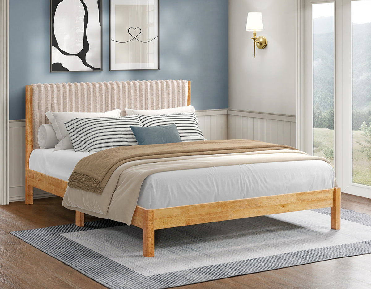 Fairbank beige velvet channel headboard bed