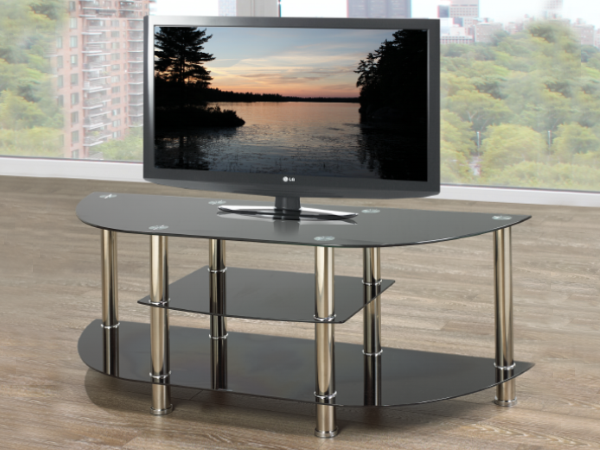 Dupont black tempered glass and chrome TV stand