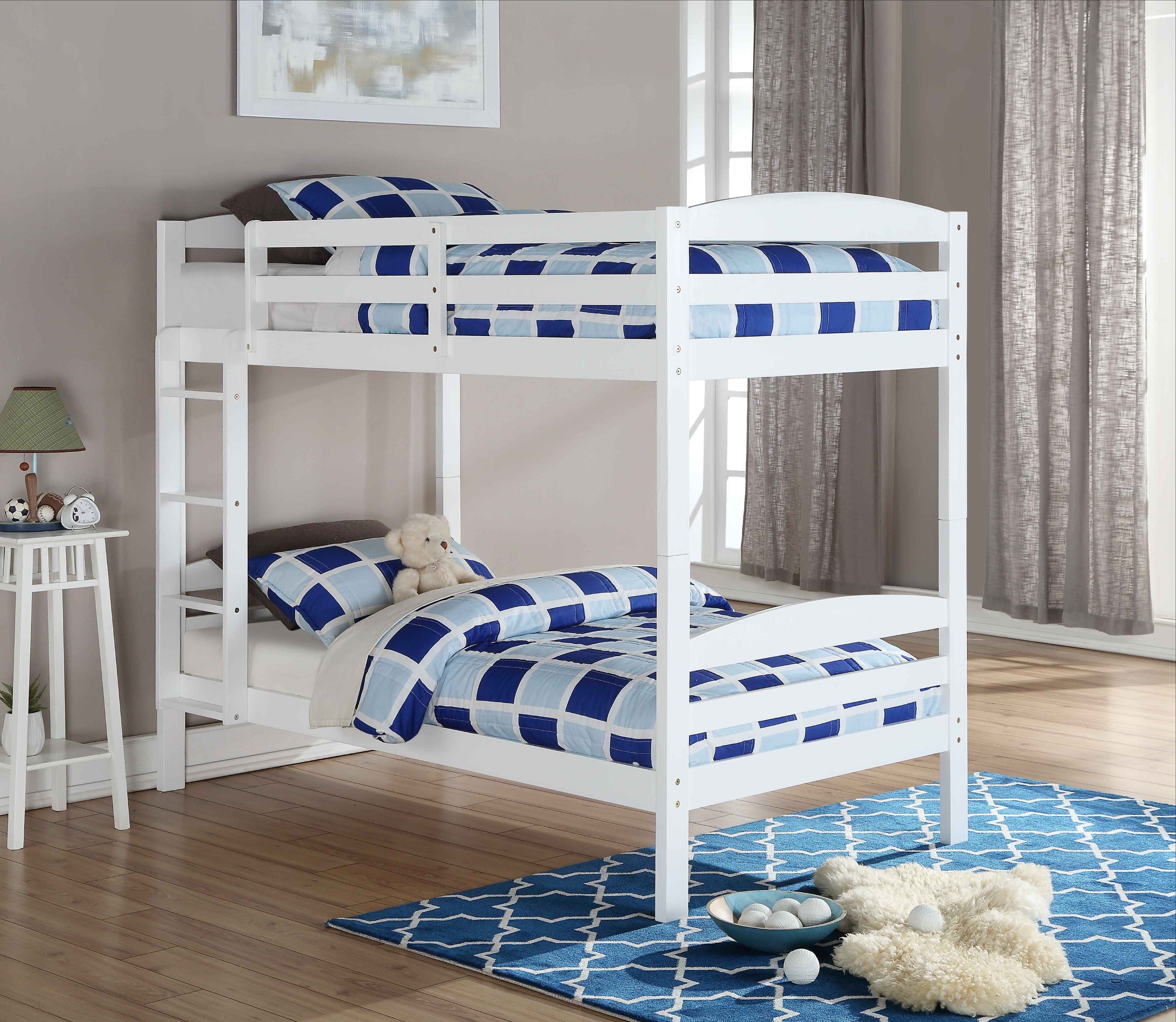 White single over single wood bunk bed