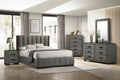 Dylan dark grey upholstered platform bed with brown wood accents