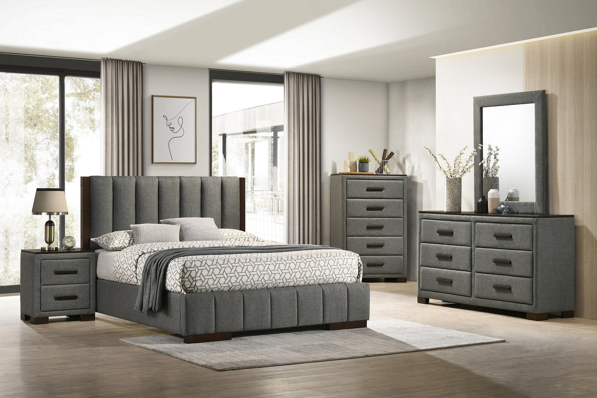 Dylan dark grey upholstered platform bed with brown wood accents