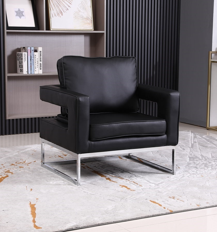 Vermont black faux-leather accent chair with chrome base