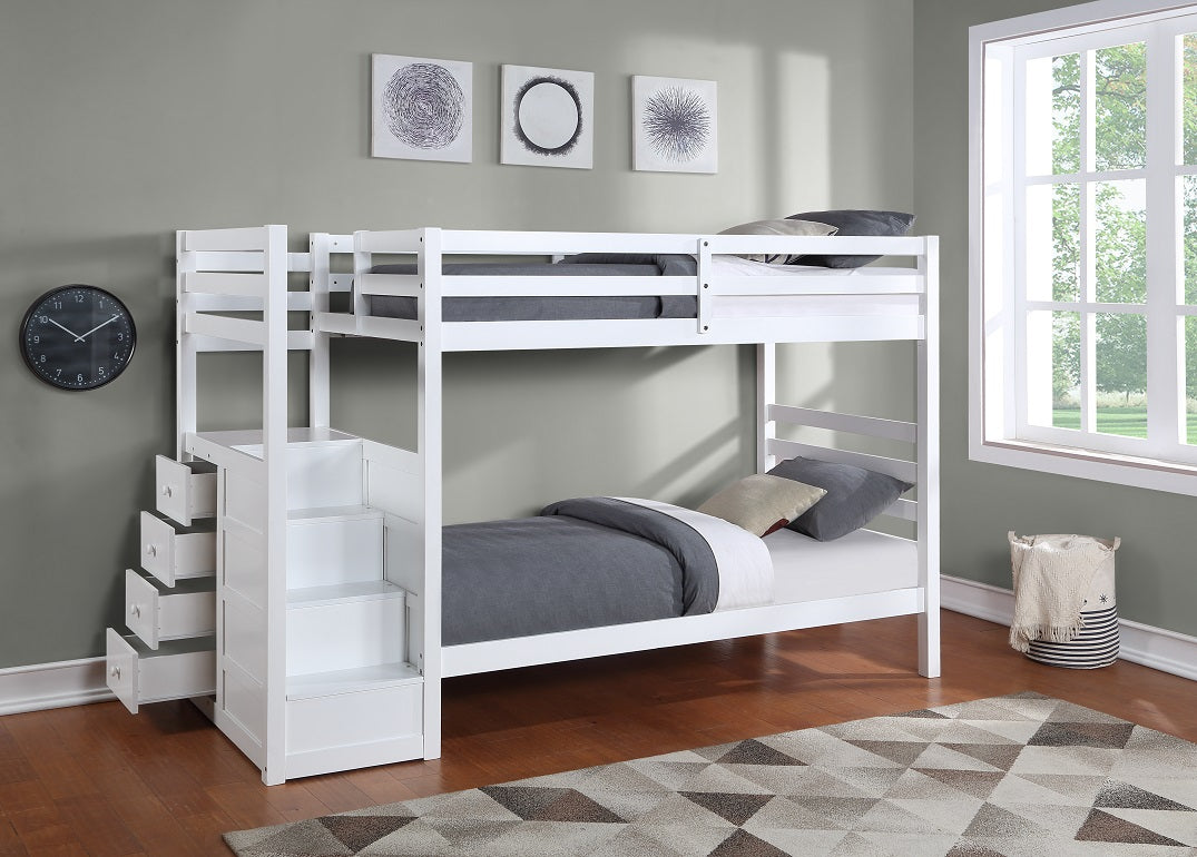 Awenda white staircase bunk bed single over single