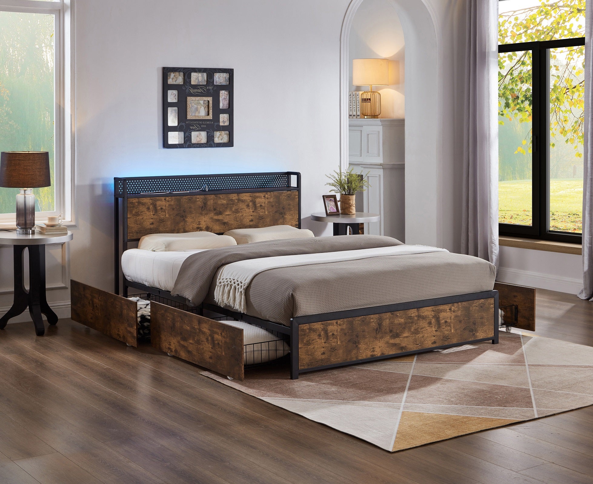 Volta storage bed with LED lighting and charging station