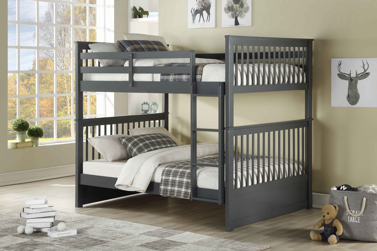 Grey mission-style double over double bunk bed