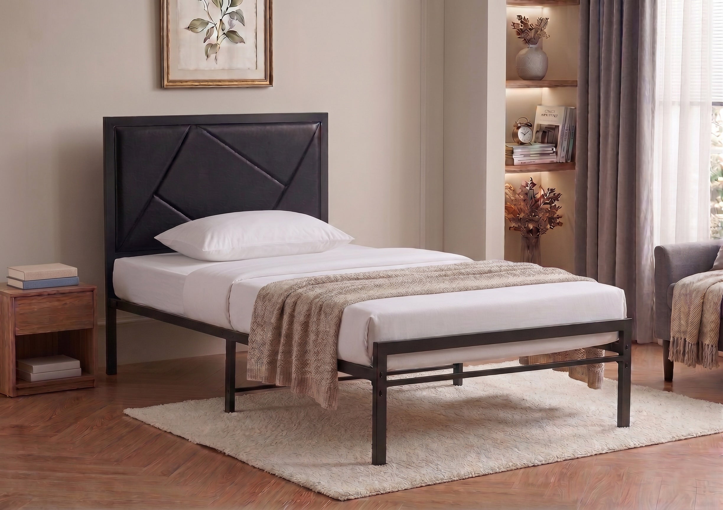 Ossington black steel platform bed with geometric headboard design