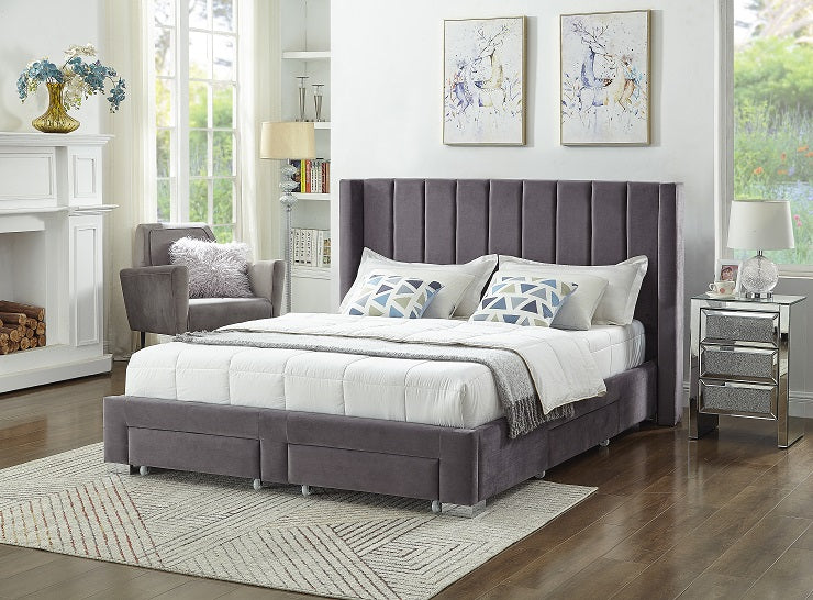 Heathdale grey velvet wing bed with four storage drawers