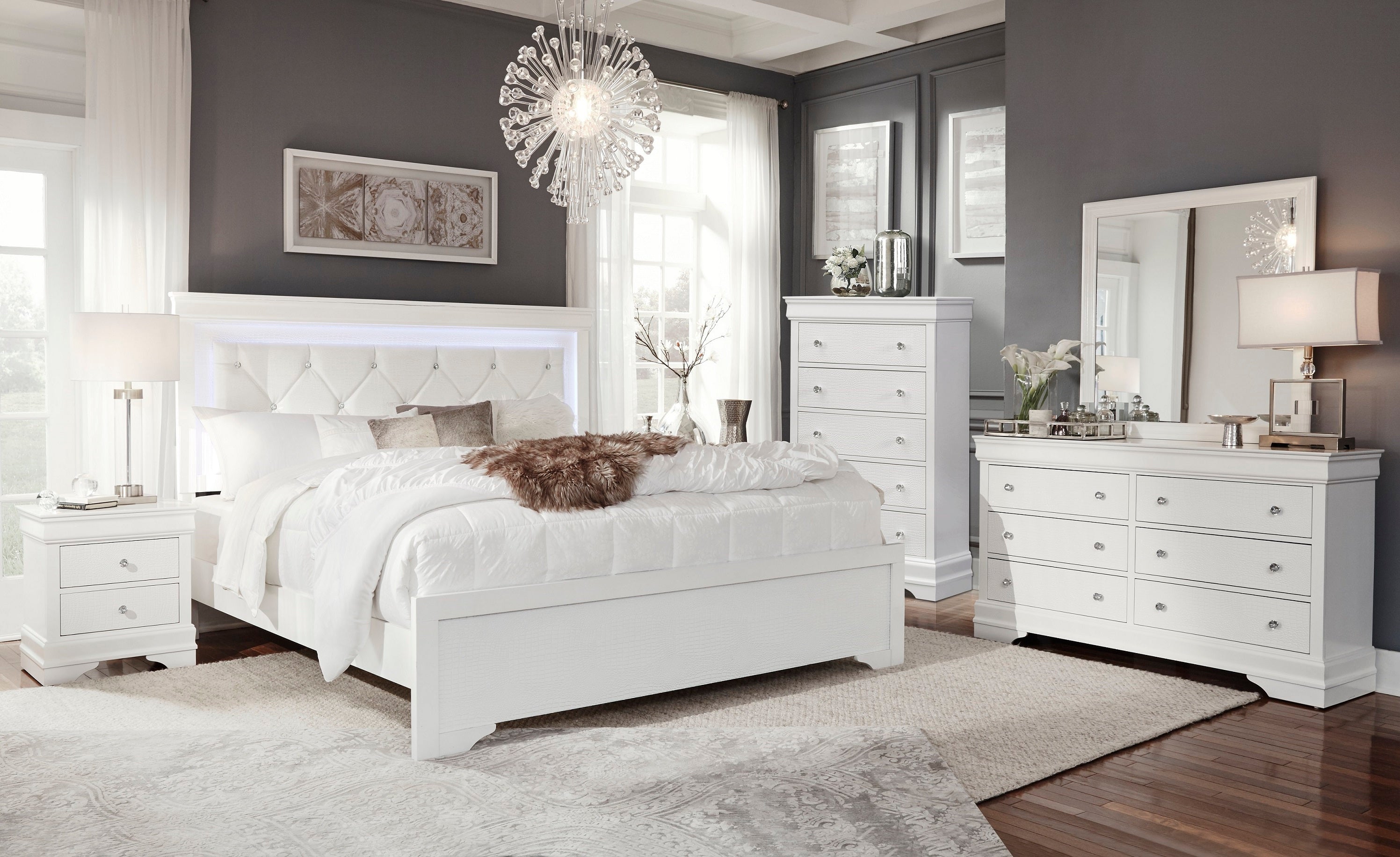 Pompei White metallic crocodile-embossed bed with crystal hardware