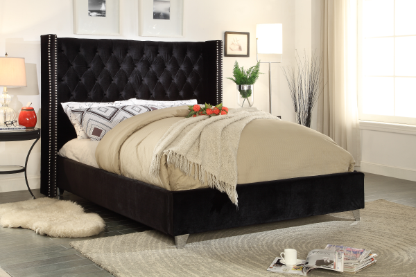Selby black velvet wing bed with chrome nailheads