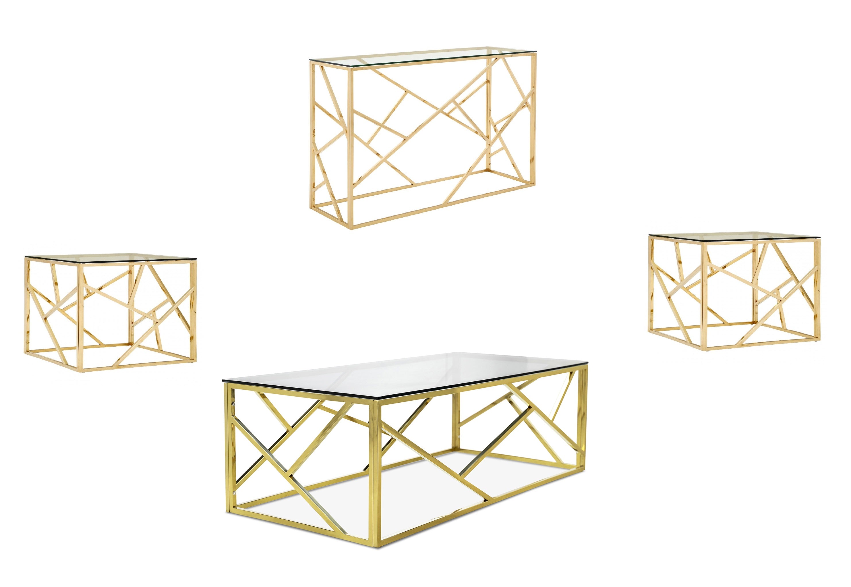 Maplewood glass top coffee table set with gold frame
