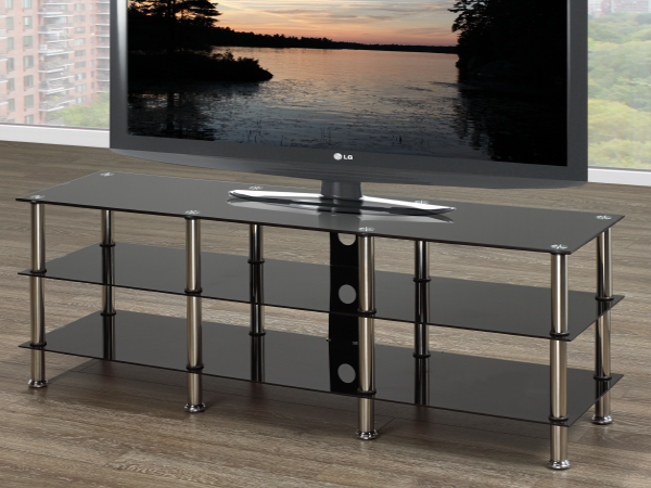 Brockton black tempered glass TV stand with chrome accents