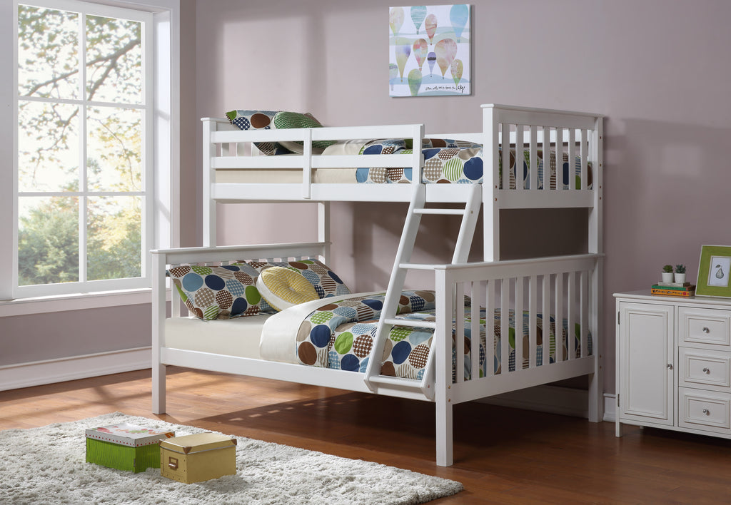 White mission-style single over double bunk bed for kids' rooms