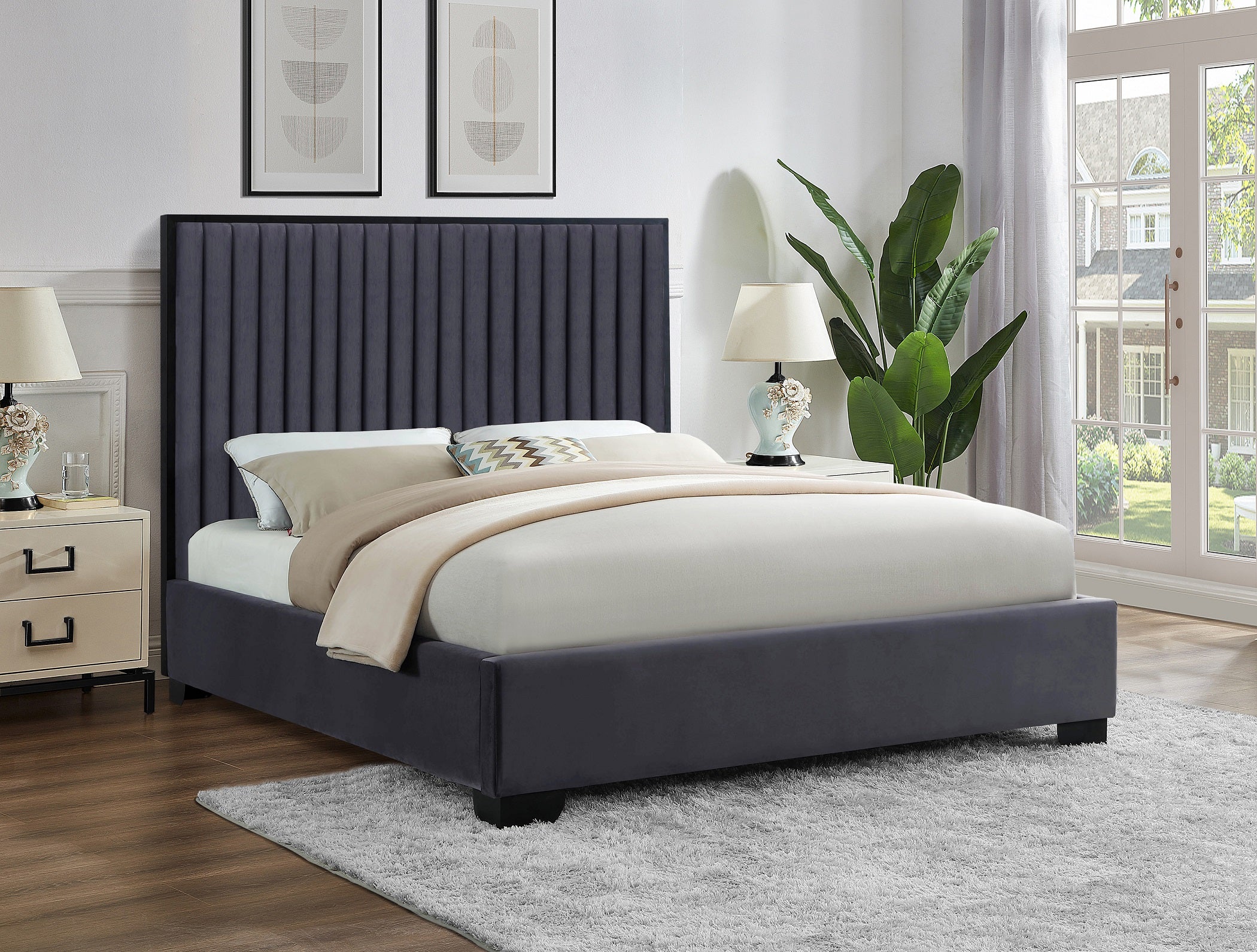 Riverside grey velvet channel-tufted bed with metal trim