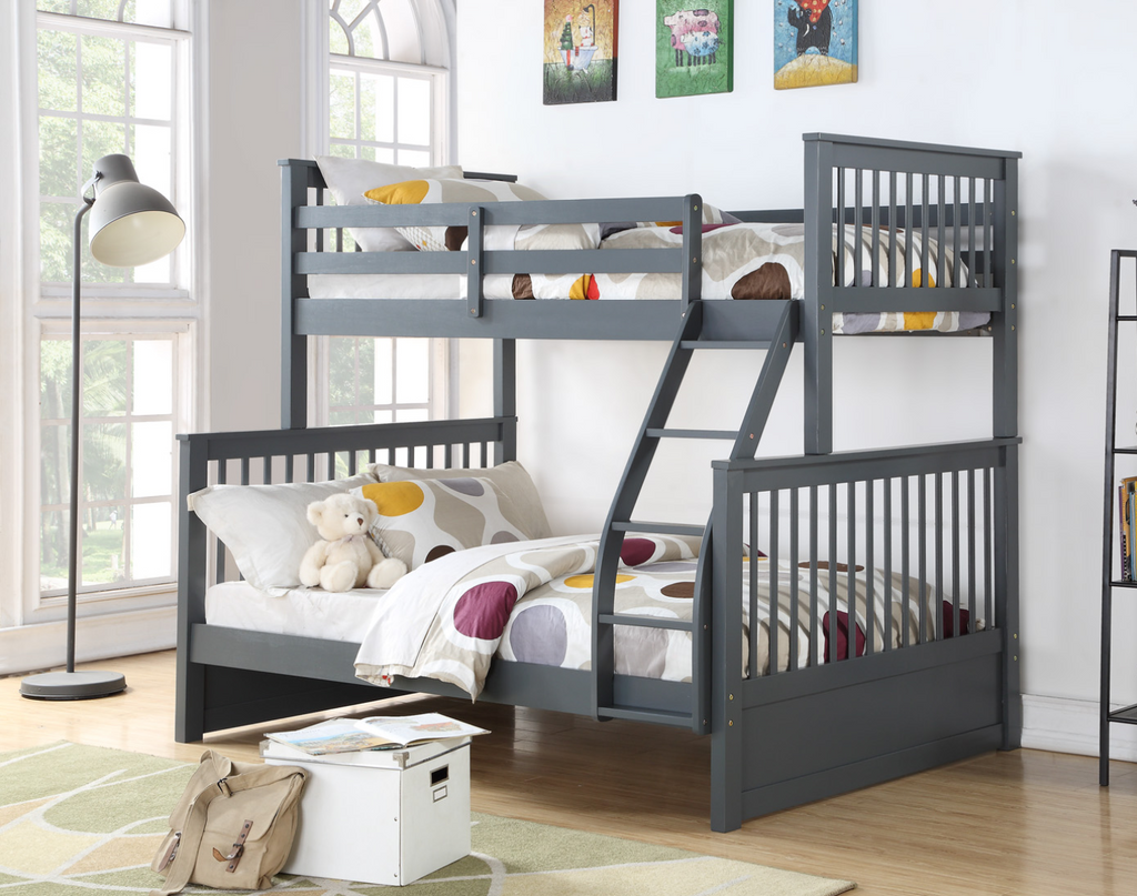 Grey mission-style single over double bunk bed
