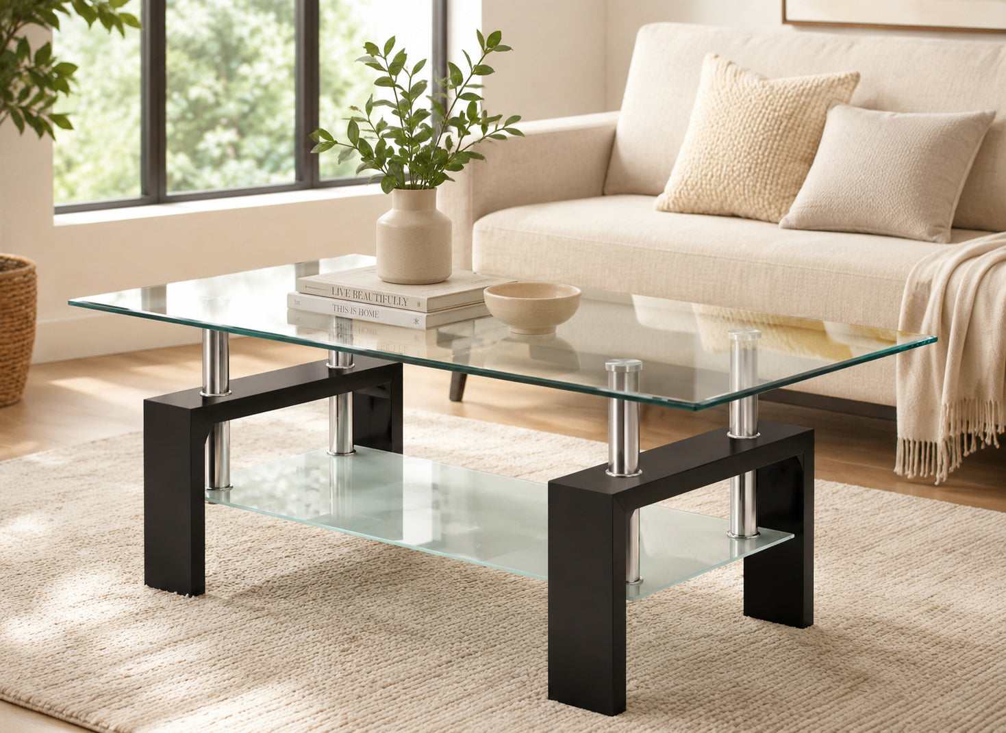 Roncesvalles glass coffee table with espresso accents and chrome legs
