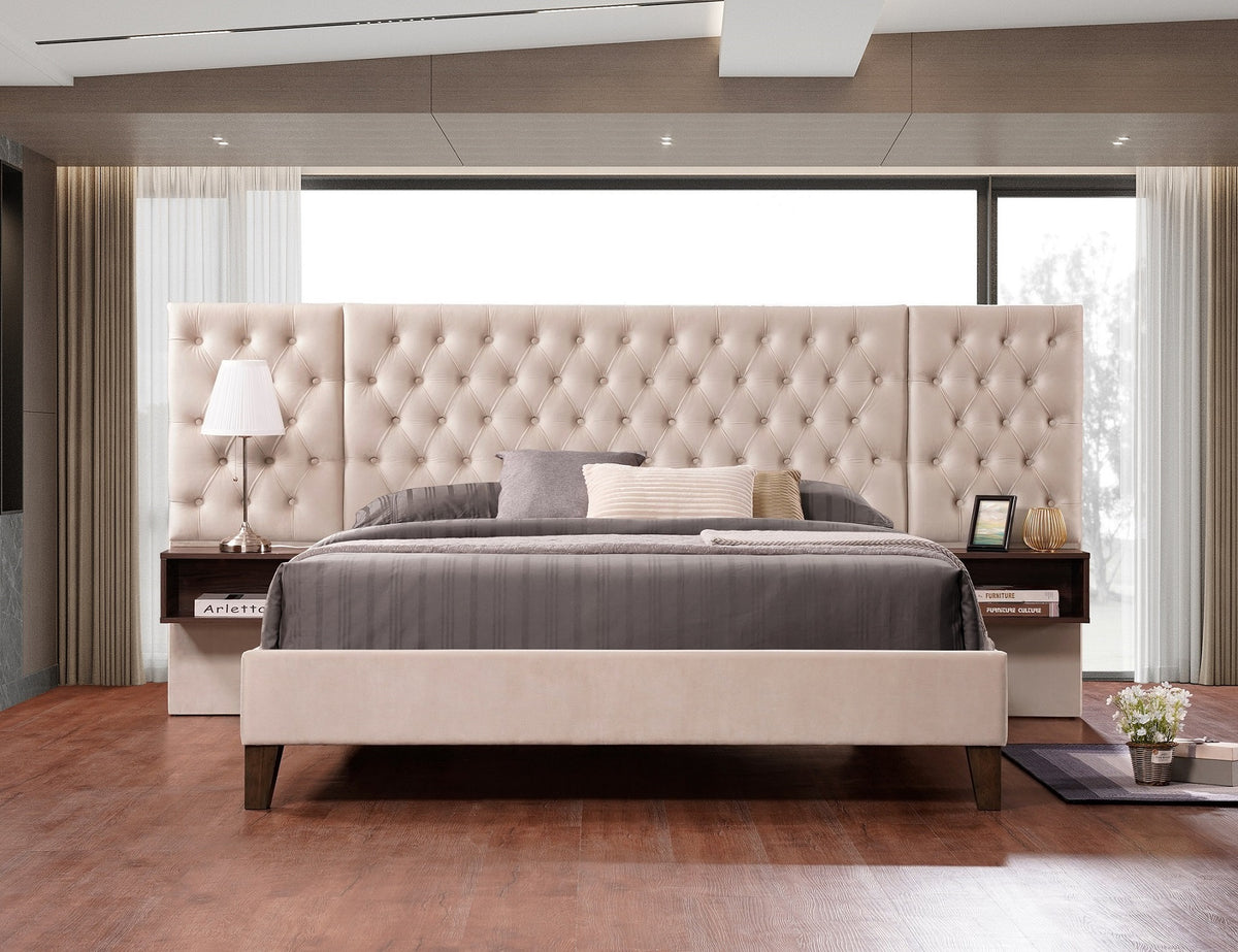 Regency beige velvet diamond-tufted bed with nightstands