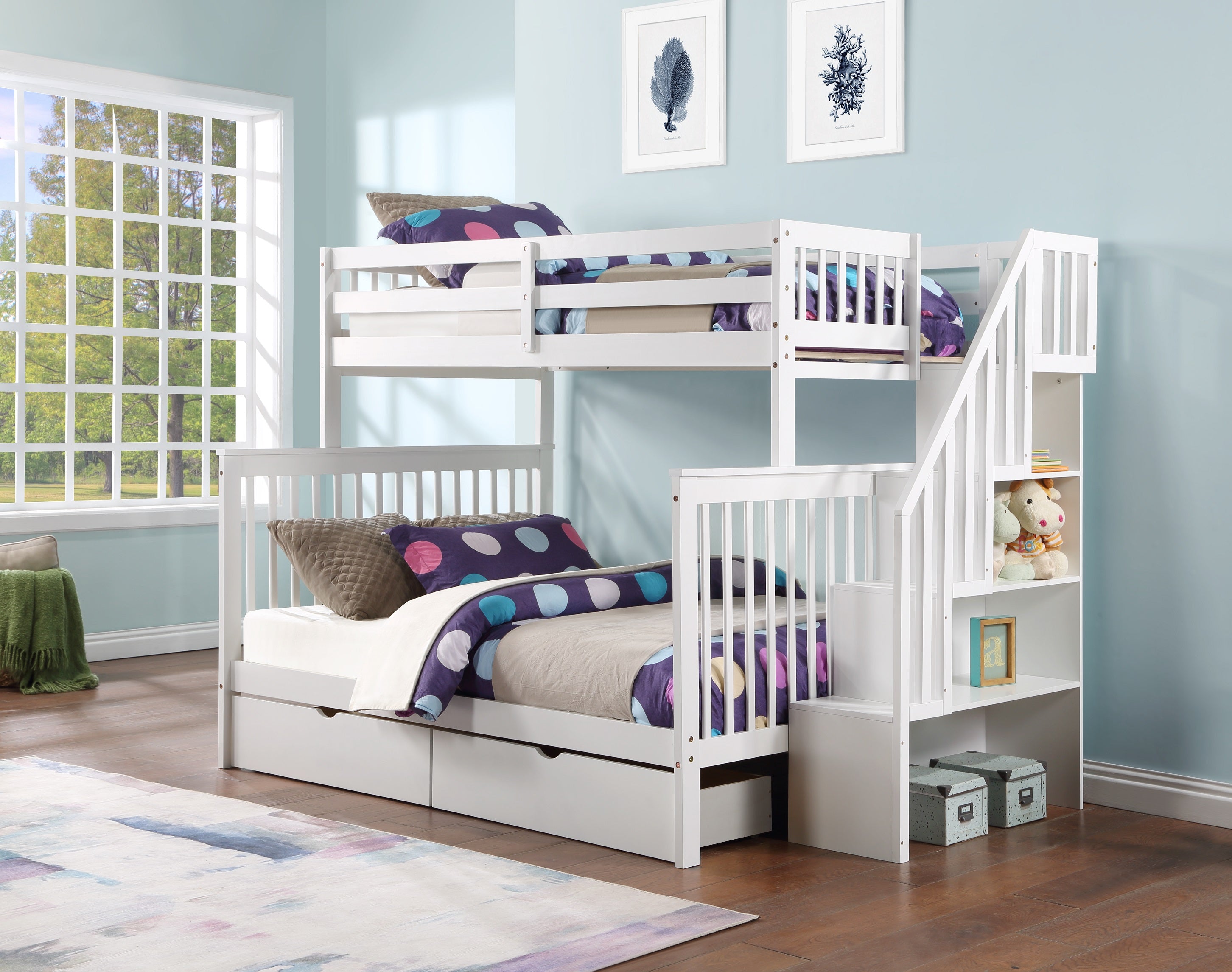 Rondeau white mission bunk bed with stairs single over double